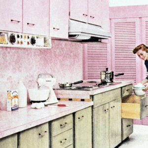 1950s retro kitchen with pink cabinets and a woman in apron baking, illustrating outdated renovation trends